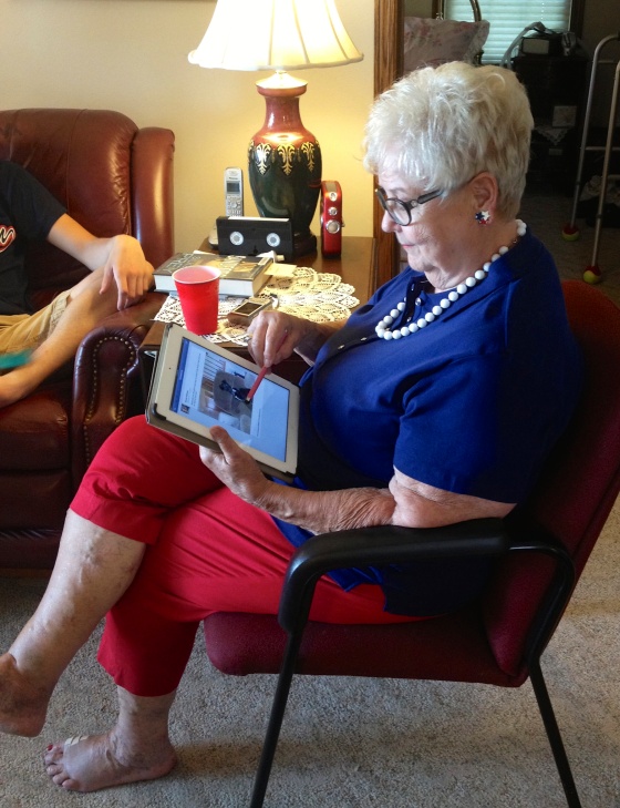 Grandma on her iPad. Even if you stay off of your own devices, there is no guarantee that family will stay off of theirs! (Photo: Abby O'Connor)